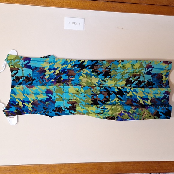 ABS Silver Label sleeveless colourful abstract faux wrap midi dress medium - Picture 5 of 6